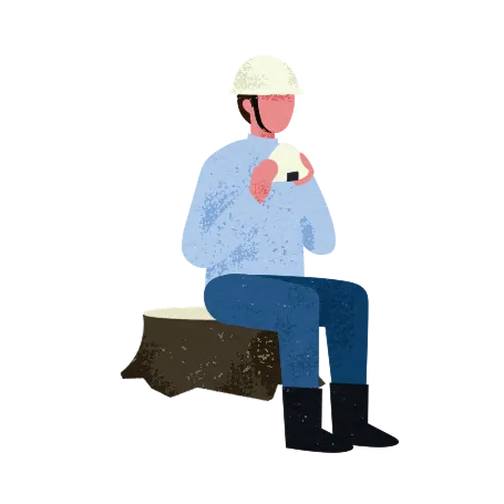 おにぎりを食べながら休憩している社員のイラスト